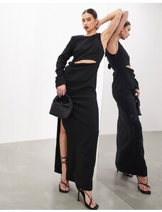 ASOS EDITION - Vestito lungo in crêpe nero con una manica e fiocchi