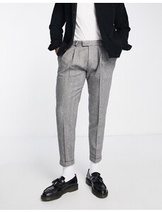 Topman - Pantaloni affusolati in misto lana grigio con motivo a spina di pesce con risvolto