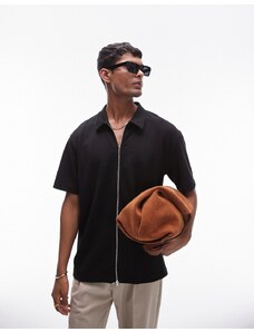 Topman - Polo nera oversize in jersey con zip-Nero