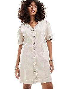 Vero Moda - Vestito corto in denim con scollo a V e bottoni color pietra-Bianco