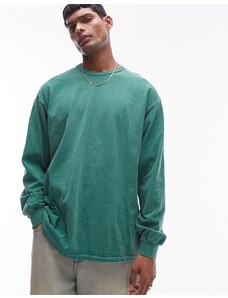 Topman - Maglietta a maniche lunghe verde sportivo lavaggio vintage