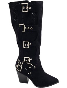 Malu Shoes Stivali estivi donna camperos forati nero camoscio con fibbie e punta tacco cono legno 7 cm comodo Texas
