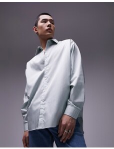 Topman - Camicia a righe oversize premium a maniche lunghe in cotone verde