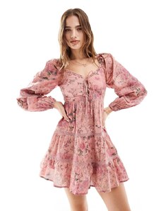 Miss Selfridge - Vestito corto a balze in cotone con inserti in pizzo e stampa floreale patchwork stile western-Multicolore