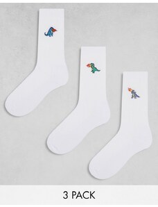 ASOS DESIGN - Confezione da 3 paia di calzini bianchi con dinosauri ricamati-Bianco