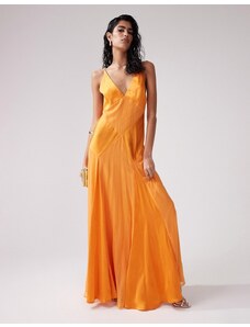 ASOS DESIGN - Vestito lungo con spalline sottili in raso arancione con pannelli trasparenti-Grigio