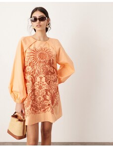 ASOS Edition - Vestito corto a trapezio arancione con ricami e maniche a palloncino