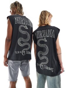 ASOS DESIGN - Canotta unisex oversize nero slavato con grafiche "Nirvana" stampate su licenza