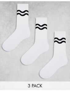 ASOS DESIGN - Confezione da 3 paia di calzini bianchi con righe nere ondulate-Bianco