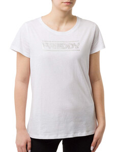 T-shirt bianca da donna con logo frontale argento con strass Freddy