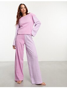 Daisy Street - Set pigiama con pantaloni e maglia a manica lunga a righe miste e a coste con sacchetto regalo-Viola