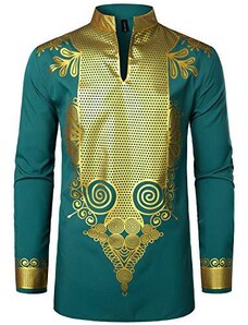 LucMatton - Camicia da uomo africana Dashiki con colletto alla coreana, con stampa oro metallizzato - verde - L