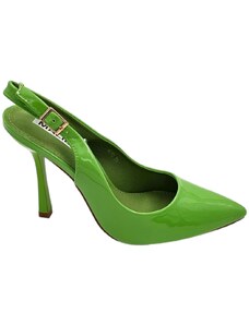 Malu Shoes Scarpe decollete slingback donna elegante a punta in vernice lucida verde tacco 10 cm cinturino retro tallone regolabile