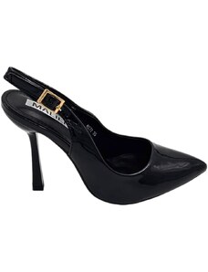 Malu Shoes Scarpe decollete slingback donna elegante a punta in vernice lucida nero tacco 10 cm cinturino retro tallone regolabile