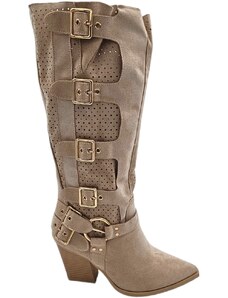 Malu Shoes Stivali donna camperos in camoscio traforato beige tacco western 6cm legno gambale con fibbie regolabili zip laterale