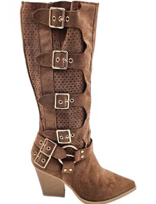 Malu Shoes Stivali donna camperos in camoscio traforato cuoio tacco western 6cm legno gambale con fibbie regolabili zip laterale