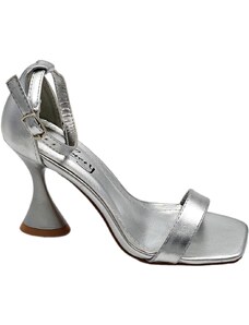 Malu Shoes Sandali donna pelle argento tacco clessidra 9 cm fascetta all'avampiede chiusura cinturino alla caviglia regolabile moda