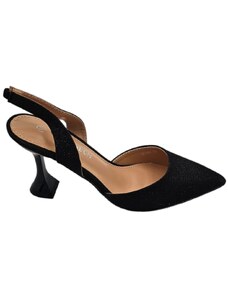 Malu Shoes Decollete scarpa donna slingback a punta in tessuto satinato nero tacco clessidra 9 cm cinturino tallone glamour moda