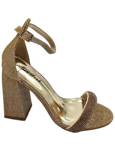 Malu Shoes Sandalo alto donna oro tessuto satinato tacco doppio 9 cm cinturino con strass e chiusura alla caviglia linea basic