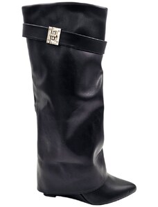 Malu Shoes Stivali donna nero a punta al ginocchio punta con para risvolto modello shark zeppa 8 cm e accessorio argento moda