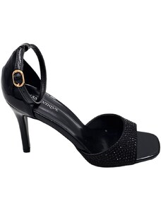Malu Shoes Sandali tacco donna fascetta in tessuto nero strass tono su tono cinturino alla caviglia tacco a spillo comodo 12cm
