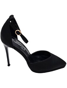 Malu Shoes Decolette' donna in tessuto raso nero con punta tacco sottile 12 cm plateau 2 cm e cinturino alla caviglia regolabile