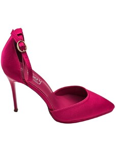 Malu Shoes Decolette' donna in tessuto raso fucsia con punta tacco sottile 12 cm plateau 2 cm e cinturino alla caviglia regolabile