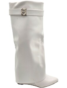 Malu Shoes Stivali donna bianco a punta al ginocchio punta con para risvolto modello shark zeppa 8 cm e accessorio argento moda
