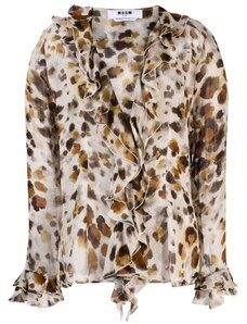 MSGM Blusa con rouches in georgette stampa "watercolor leopard"