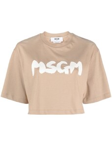 MSGM T-shirt crop beige stampa logo