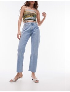 Topshop - Jeans dritti cropped a vita medio alta candeggiati con bordi grezzi-Blu