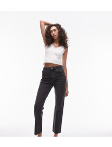 Topshop Tall - Jeans dritti taglio corto a vita medio alta nero slavato con bordi grezzi