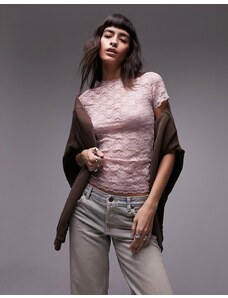 Topshop - T-shirt in pizzo taglio lungo rosa