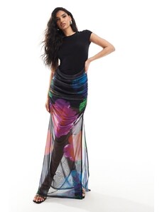 ASOS DESIGN - Vestito lungo 2 in 1 in rete con stampa floreale scura-Multicolore