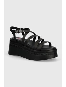 Tommy Jeans sandali in pelle TJW STRAPPY WEDGE SANDAL colore nero EN0EN02516