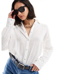 Pull&Bear - Camicia oversize a maniche lunghe in lino bianca-Bianco