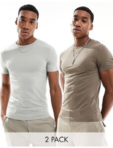 ASOS DESIGN - Confezione da 2 T-shirt attillate grigia e marrone-Multicolore