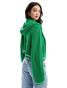 ASOS DESIGN - Felpa con cappuccio in maglia verde con bordi a contrasto e zip