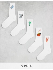 Jack & Jones - Confezione da 5 paia di calzini bianchi a tema vacanze-Bianco