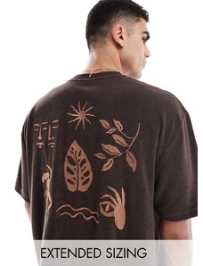 ASOS DESIGN - T-shirt oversize marrone in spugna con ricamo astratta sul retro