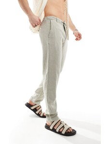 Selected Homme - Pantaloni slim affusolati in misto lino color crema-Bianco