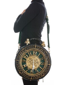 Borsa Royal Clock con orologio funzionante con tracolla, Cosplay Steampunk, ecopelle, colore verde e oro, ARIANNA DINI DESIGN