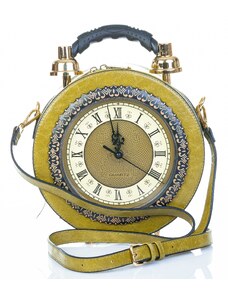 Borsa Tracy Clock con orologio funzionante con tracolla, Cosplay Steampunk, ecopelle, colore verde oliva, ARIANNA DINI DESIGN