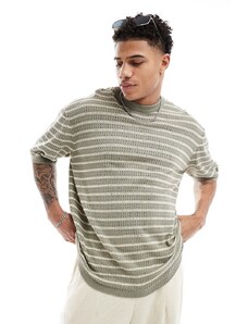 Selected Homme - T-shirt in maglia beige a righe-Neutro
