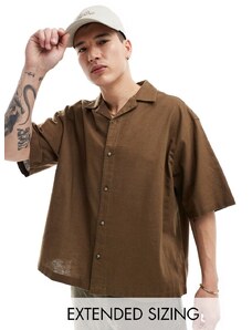 ASOS DESIGN - Camicia squadrata oversize in misto lino marrone con rever