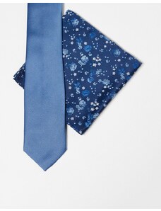 ASOS DESIGN - Cravatta sottile blu e fazzoletto da taschino a fiori