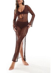 ASOS DESIGN - Vestito lungo da spiaggia a maniche lunghe in maglia marrone allacciato sul davanti
