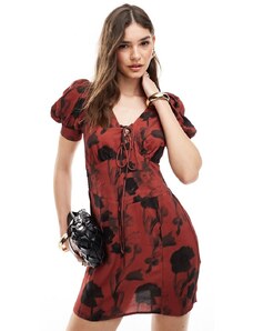 ASOS DESIGN - Vestito corto con maniche a sbuffo e laccetti rosso a fiori vintage-Multicolore