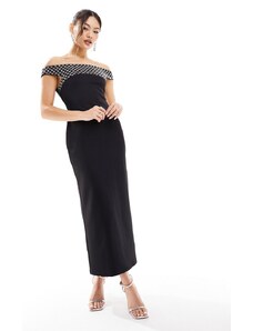 ASOS DESIGN - Vestito midi nero con scollo alla Bardot e pannello decorato