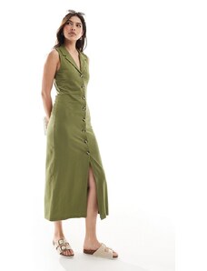 ASOS DESIGN - Vestito stile gilet al polpaccio kaki con bottoni sul davanti e colletto-Verde